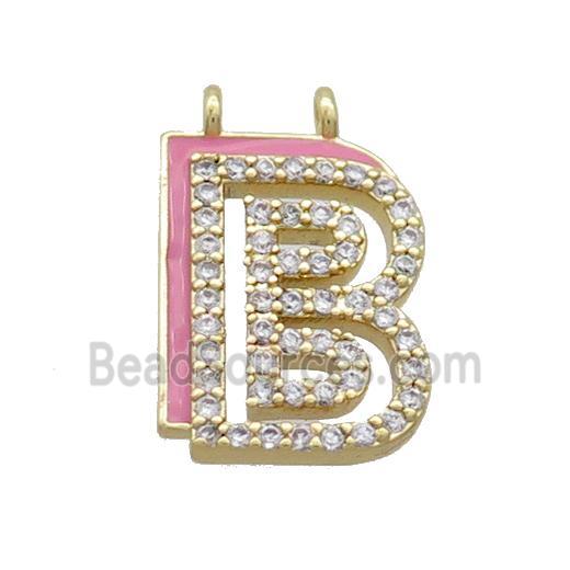 Copper Pendant Pave Zircon Pink Enamel Letter-B 2loops Gold Plated