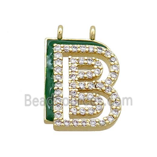 Copper Pendant Pave Zircon Green Enamel Letter-B 2loops Gold Plated