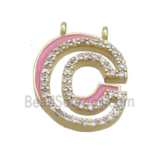 Copper Pendant Pave Zircon Pink Enamel Letter-C 2loops Gold Plated