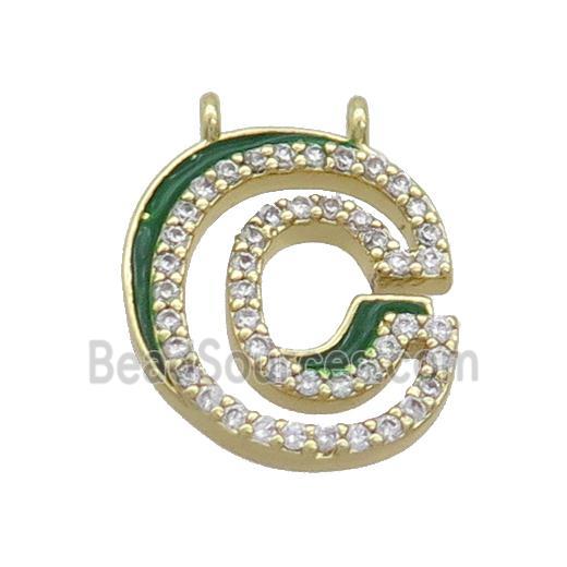 Copper Pendant Pave Zircon Green Enamel Letter-C 2loops Gold Plated