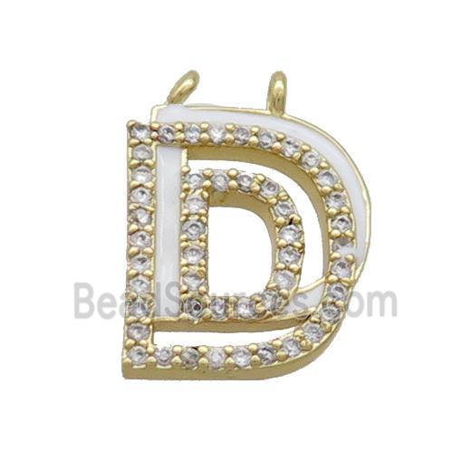 Copper Pendant Pave Zircon White Enamel Letter-D 2loops Gold Plated