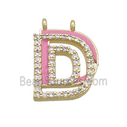 Copper Pendant Pave Zircon Pink Enamel Letter-C 2loops Gold Plated