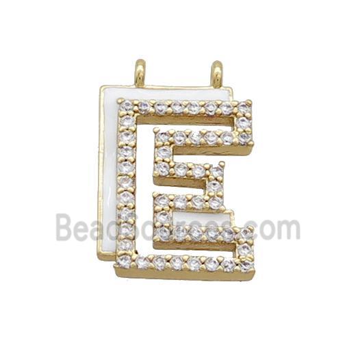 Copper Pendant Pave Zircon White Enamel Letter-E 2loops Gold Plated