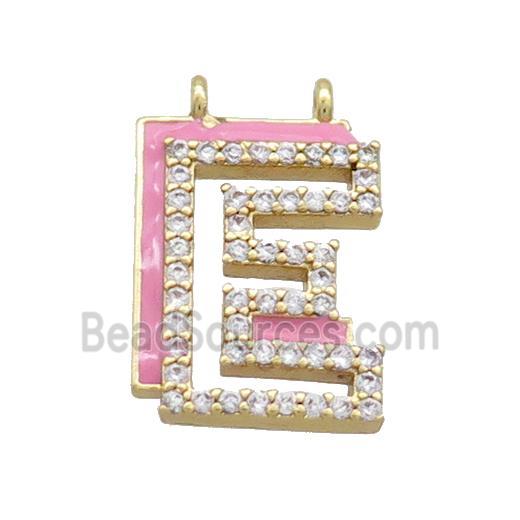 Copper Pendant Pave Zircon Pink Enamel Letter-E 2loops Gold Plated