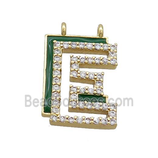 Copper Pendant Pave Zircon Green Enamel Letter-E 2loops Gold Plated