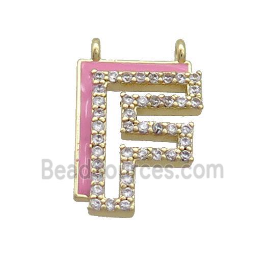 Copper Pendant Pave Zircon Pink Enamel Letter-F 2loops Gold Plated