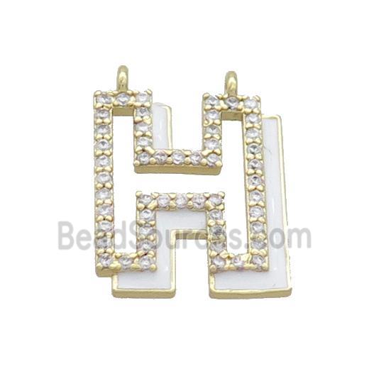 Copper Pendant Pave Zircon White Enamel Letter-H 2loops Gold Plated