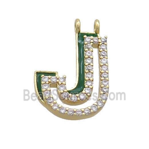 Copper Pendant Pave Zircon Green Enamel Letter-J 2loops Gold Plated