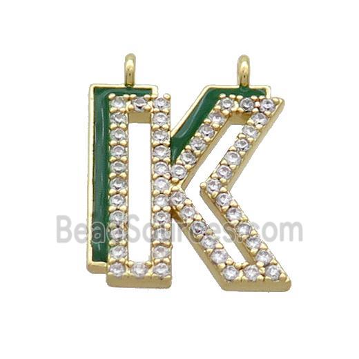 Copper Pendant Pave Zircon Green Enamel Letter-K 2loops Gold Plated