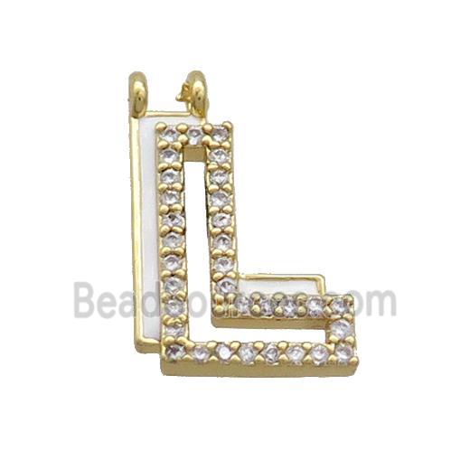 Copper Pendant Pave Zircon White Enamel Letter-L 2loops Gold Plated