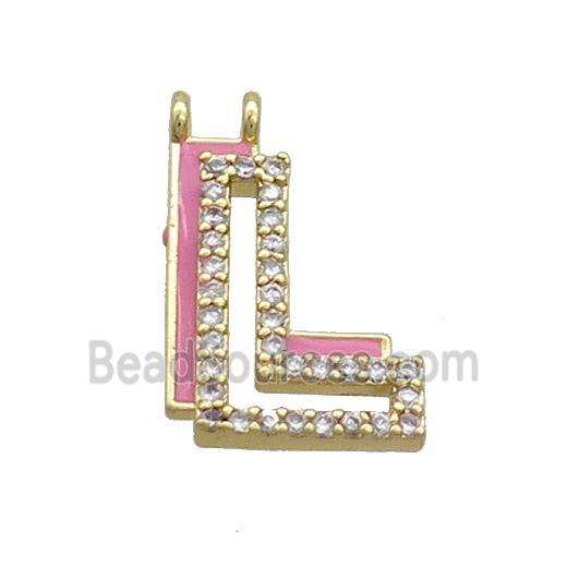 Copper Pendant Pave Zircon Pink Enamel Letter-L 2loops Gold Plated