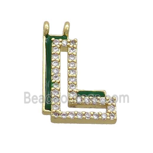 Copper Pendant Pave Zircon Green Enamel Letter-L 2loops Gold Plated