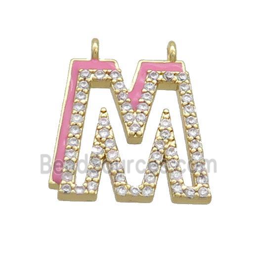 Copper Pendant Pave Zircon Pink Enamel Letter-M 2loops Gold Plated