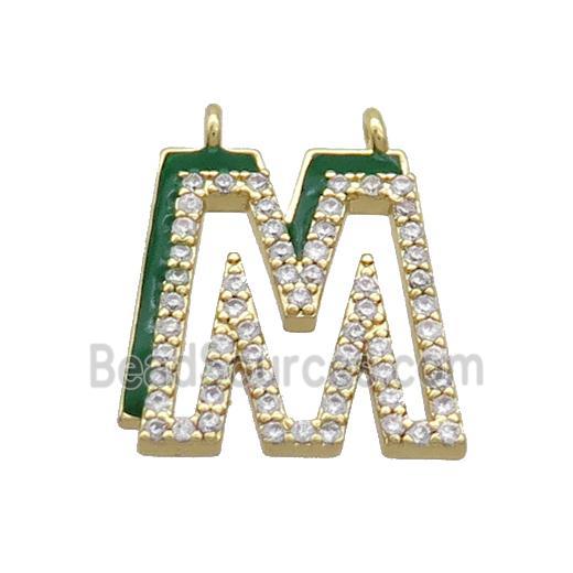 Copper Pendant Pave Zircon Green Enamel Letter-M 2loops Gold Plated