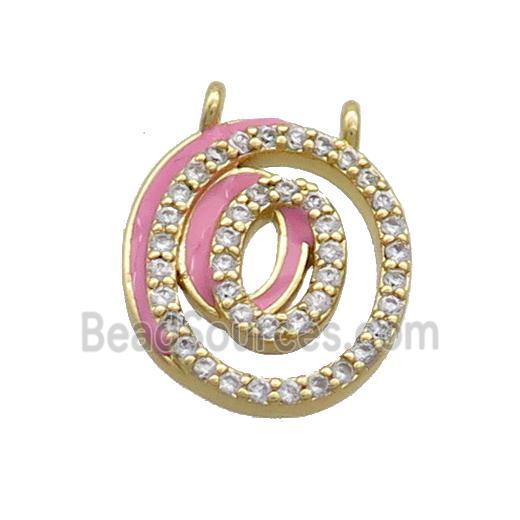 Copper Pendant Pave Zircon Pink Enamel Letter-O 2loops Gold Plated