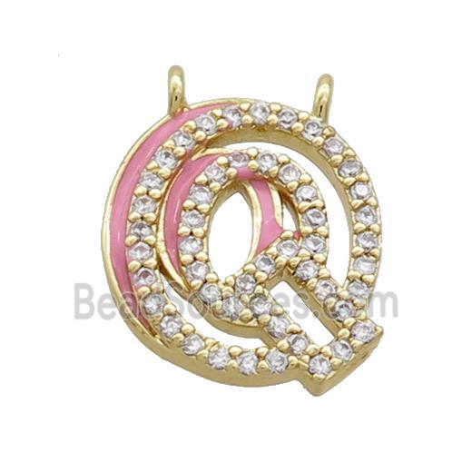 Copper Pendant Pave Zircon Pink Enamel Letter-Q 2loops Gold Plated