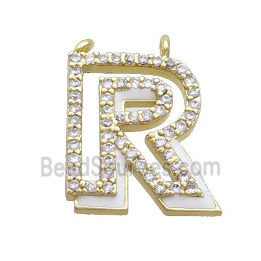 Copper Pendant Pave Zircon White Enamel Letter-R 2loops Gold Plated