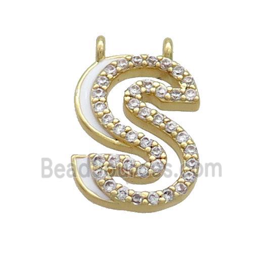 Copper Pendant Pave Zircon White Enamel Letter-S 2loops Gold Plated