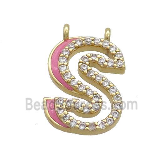 Copper Pendant Pave Zircon Pink Enamel Letter-S 2loops Gold Plated