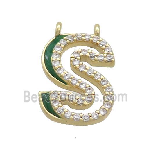 Copper Pendant Pave Zircon Green Enamel Letter-S 2loops Gold Plated