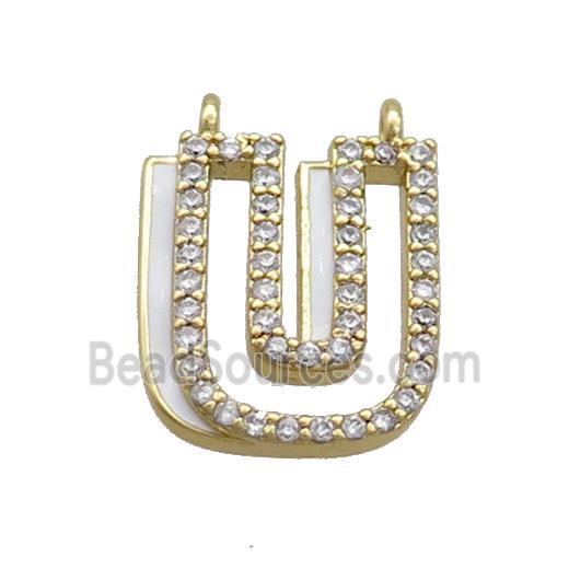 Copper Pendant Pave Zircon White Enamel Letter-U 2loops Gold Plated