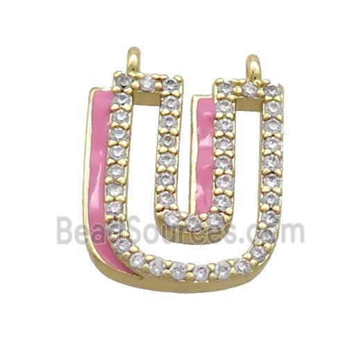 Copper Pendant Pave Zircon Pink Enamel Letter-U 2loops Gold Plated