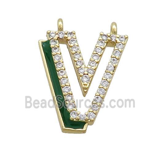 Copper Pendant Pave Zircon Green Enamel Letter-V 2loops Gold Plated