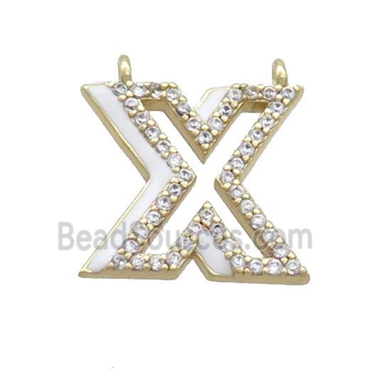 Copper Pendant Pave Zircon White Enamel Letter-X 2loops Gold Plated