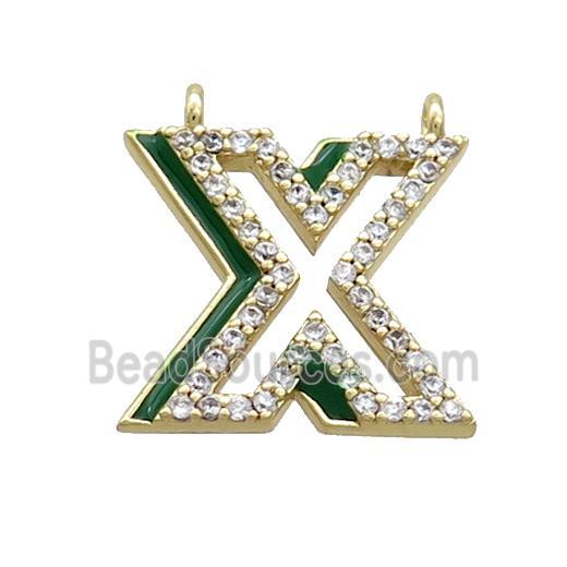 Copper Pendant Pave Zircon Green Enamel Letter-X 2loops Gold Plated