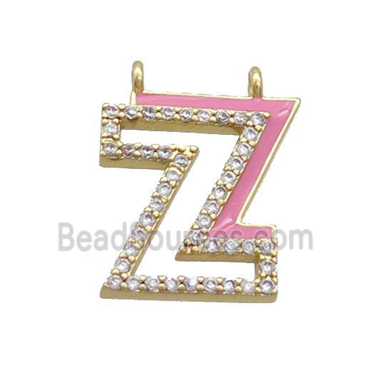 Copper Pendant Pave Zircon Pink Enamel Letter-Z 2loops Gold Plated