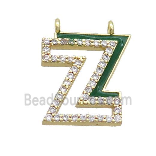 Copper Pendant Pave Zircon Green Enamel Letter-Z 2loops Gold Plated