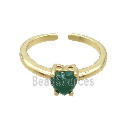 Copper Ring Pave Green Crystal Glass Heart Gold Plated