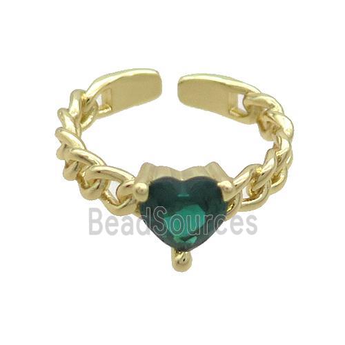 Copper Ring Pave Green Crystal Glass Heart Gold Plated