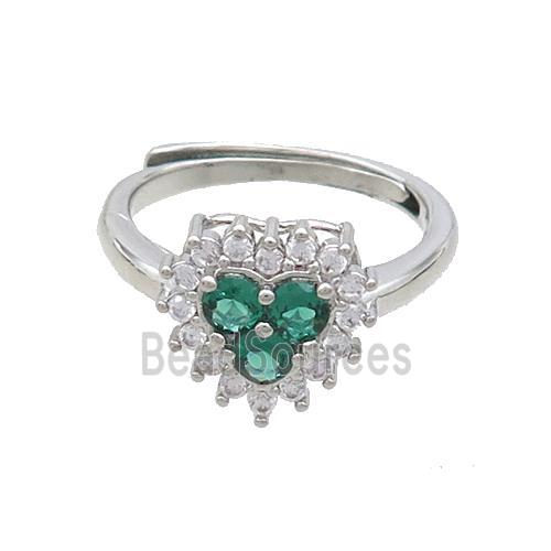 Copper Ring Pave Zircon Green Heart Adjustable Platinum Plated