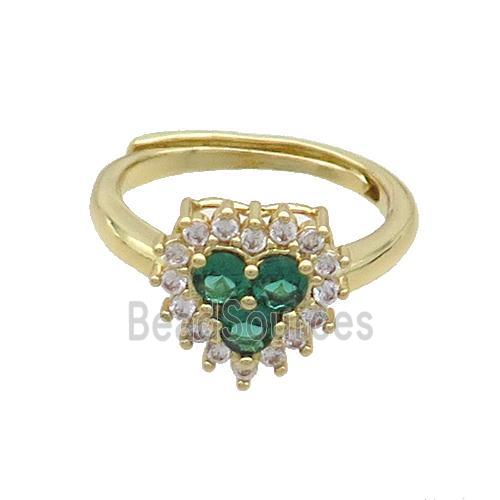 Copper Ring Pave Zircon Green Heart Adjustable Gold Plated