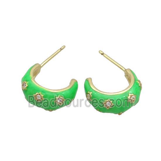 Copper Stud Earring Pave Zircon Green Enamel Gold Plated