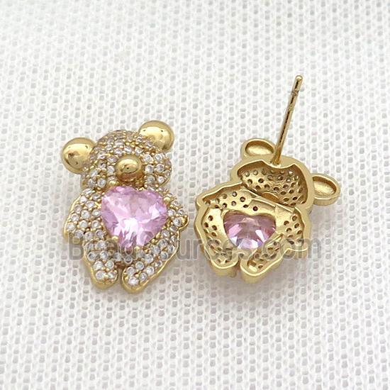 Copper Stud Earring Pave Zircon Bear Gold Plated