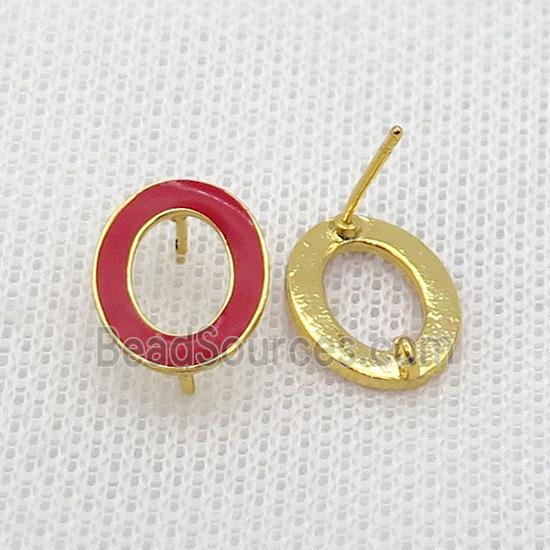 Copper Stud Earring Circle Red Enamel Gold Plated