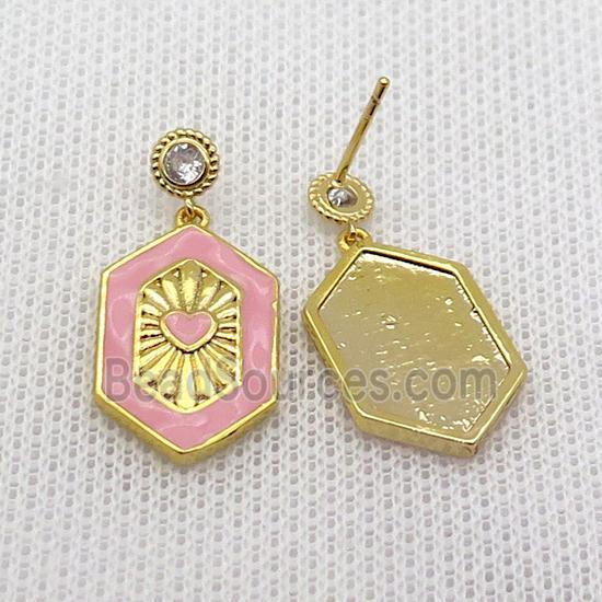 Copper Stud Earring Hexagon Pink Enamel Gold Plated