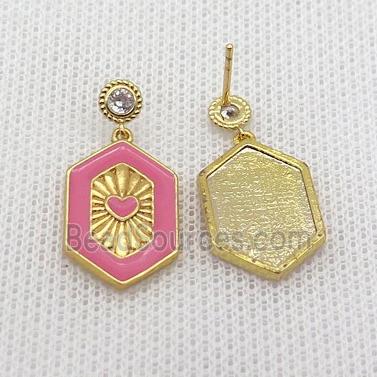 Copper Stud Earring Hexagon Pink Enamel Gold Plated