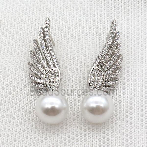 Copper Stud Earring Pave Zircon Angel Wings Pearlized Shell Platinum Plated