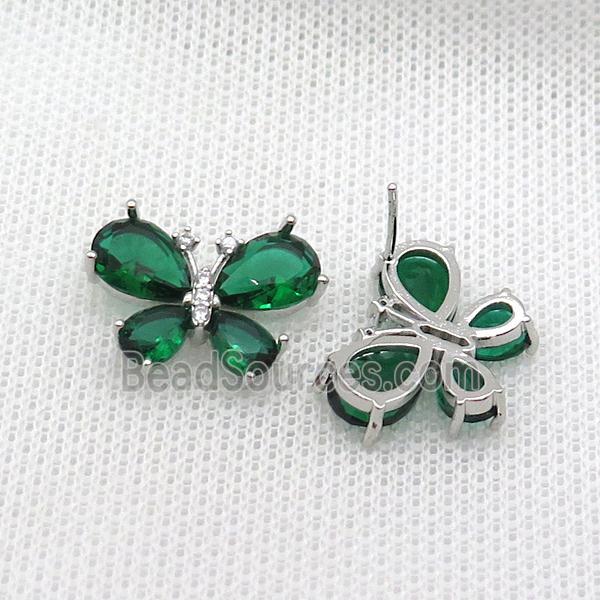 Copper Butterfly Stud Earring Pave Green Crystal Glass Platinum Plated