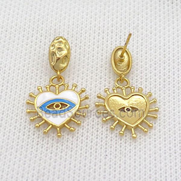 Copper Stud Earring Heart White Enamel Eye Gold Plated