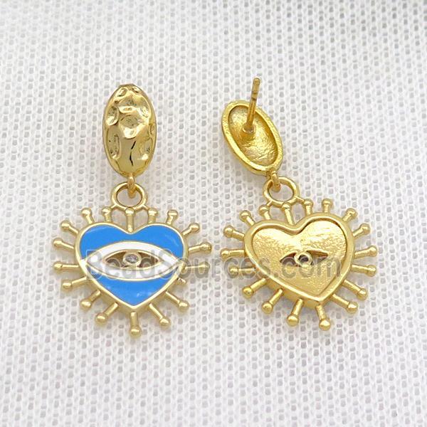 Copper Stud Earring Heart Blue Enamel Eye Gold Plated