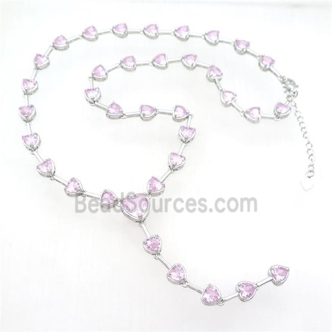 Copper Necklace Pave Zircon Pink Heart Platinum Plated