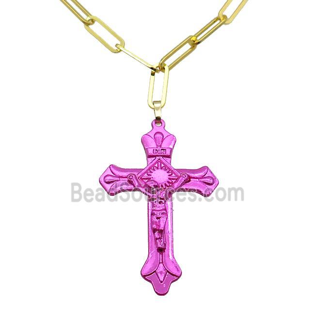 Copper Necklace Hotpink Lacquered Cross Gold Plated