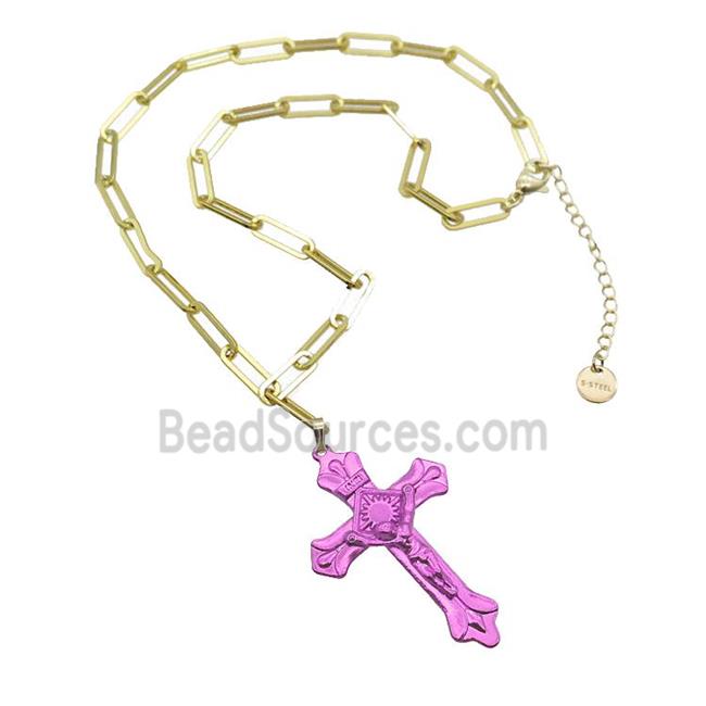 Copper Necklace Hotpink Lacquered Cross Gold Plated