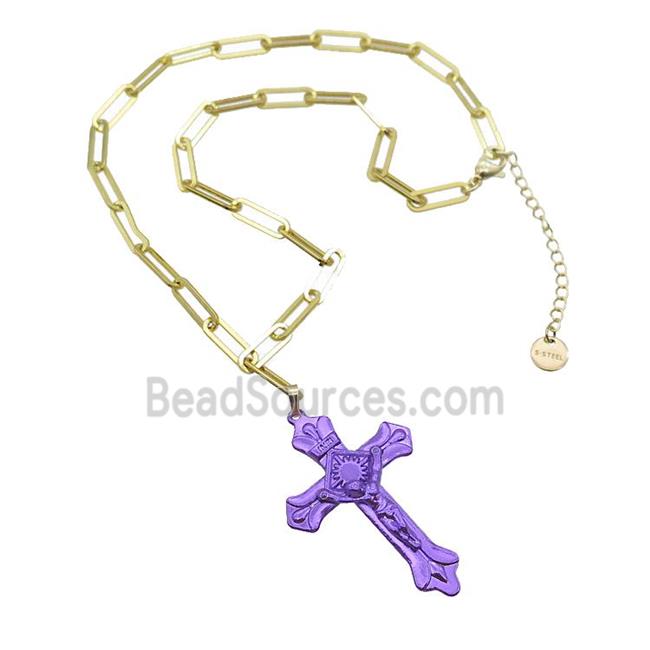 Copper Necklace Purple Lacquered Cross Gold Plated