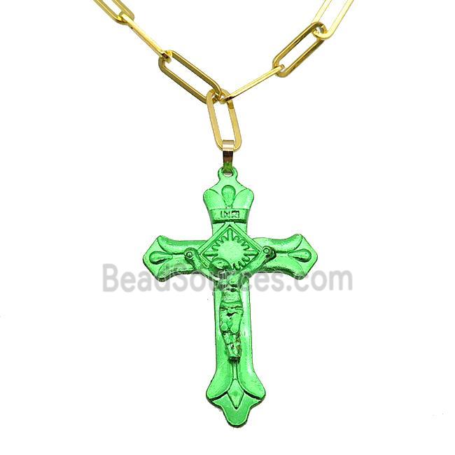 Copper Necklace Green Lacquered Cross Gold Plated