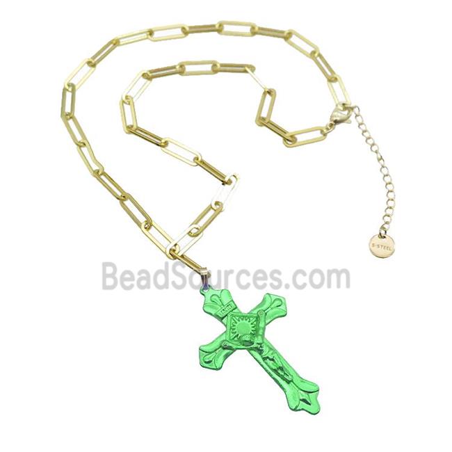 Copper Necklace Green Lacquered Cross Gold Plated